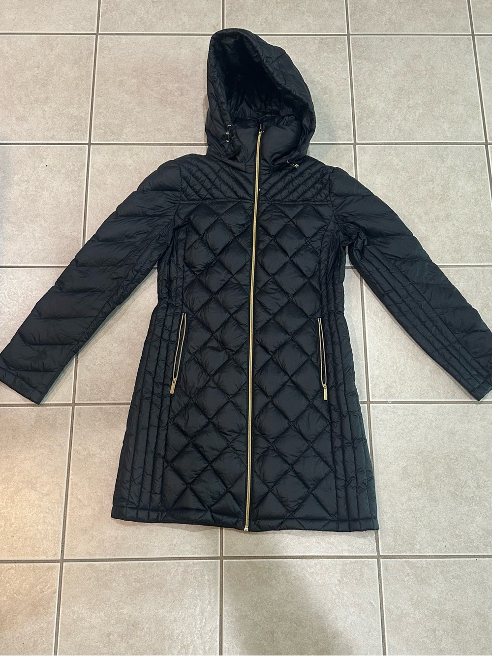 Michael Kors Black Quilted Hooded Puffer Coat with Gold Trim